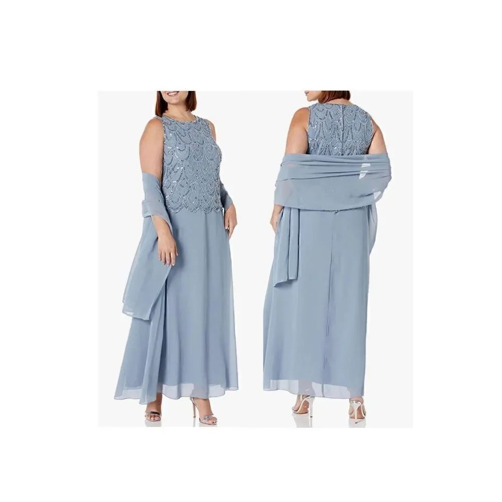 J Kara Women's Petite Sleeveless Beaded Pop Over Dress with Scarf